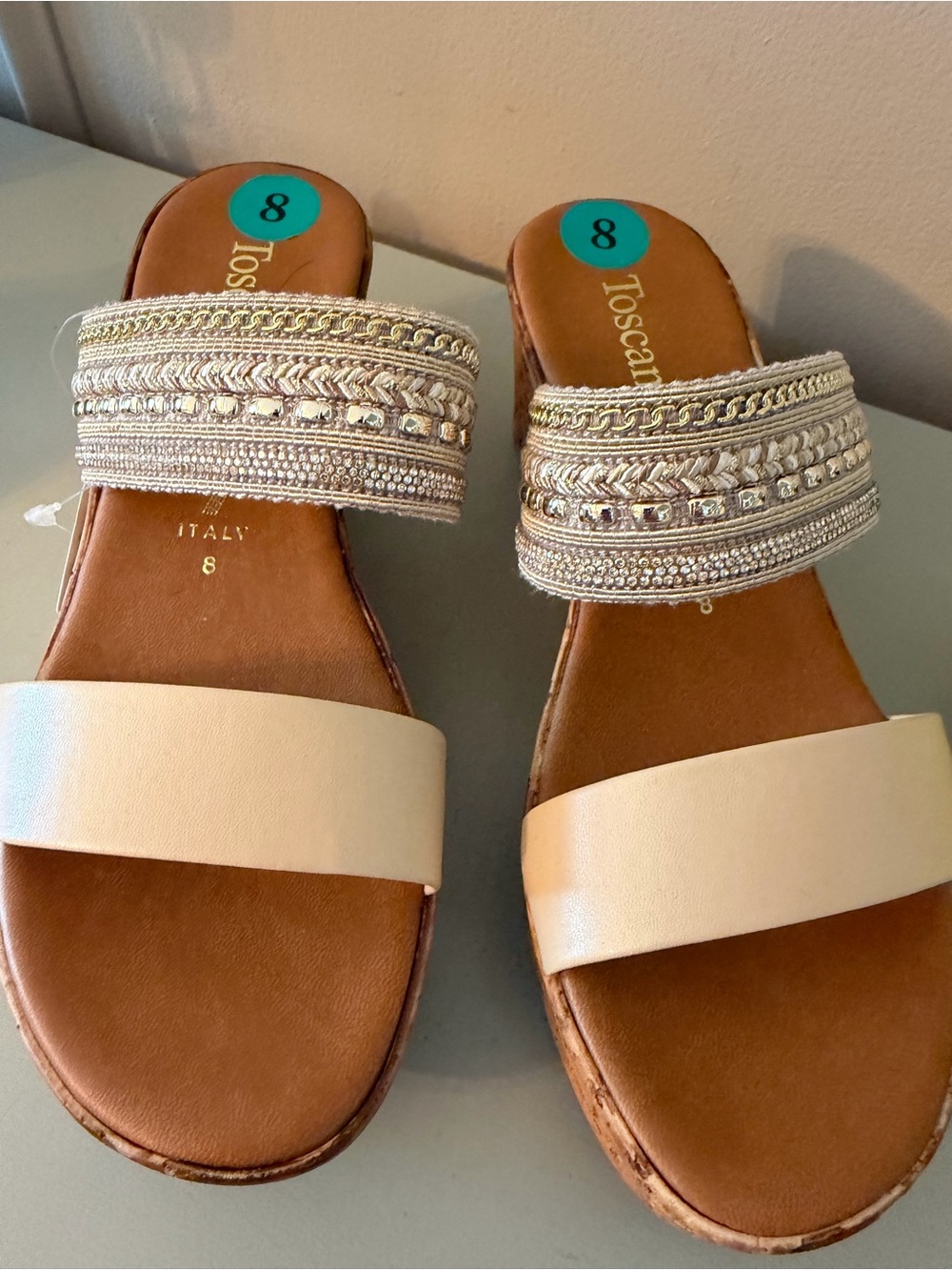 Toscanella Cream Beaded Slide Sandals